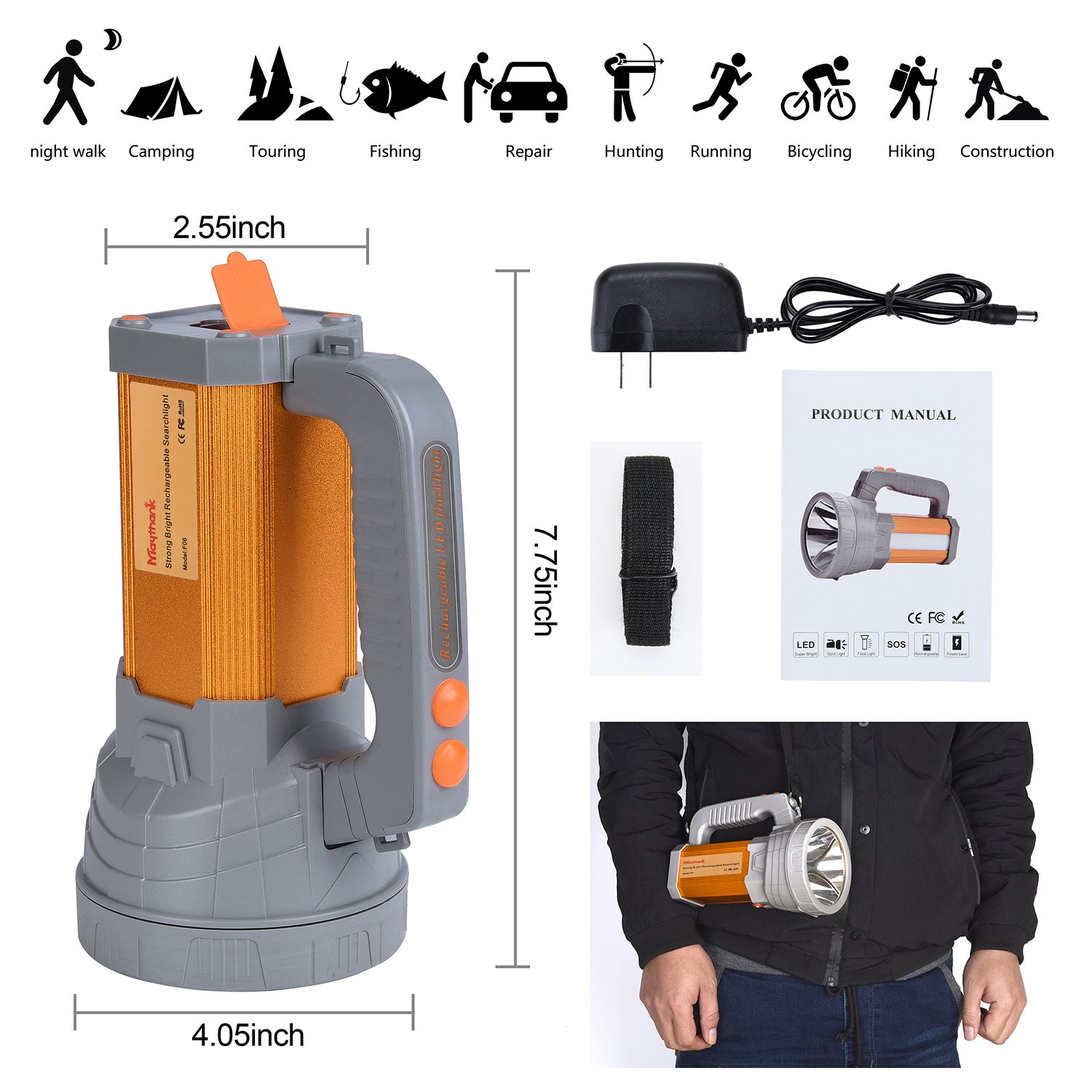 USB Rechargeable LED Spotlight Flashlight Handheld Super Bright High Lumens CREE Tactical Searchlight Large Battery 10000mah Powered Torch,Side Floodlight Camping Lantern Waterproof