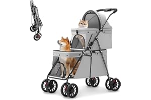 RKROUCO Double Pet Stroller for Medium Small Dogs and Cats with 2 Carriage, Durable Universal Wheels with Brakes Lightweight One Hand Foldale Kittens Puppies Travel Strolling Cart (Gray)