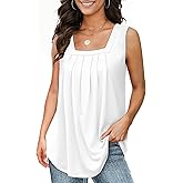 Summer Tank Tops for Women Loose Fit Pleated Square Neck Sleeveless Tops Flowy Blouse Short Sleeve Tops Basic Shirts White a