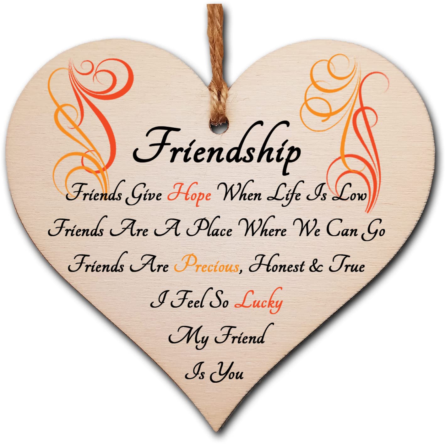 Heart Shaped Friendship Gift Plaque – Sentimental Wooden Hanging Decoration with Twine – Uplifting Quote for Best Friend, BFF, Colleague or Loved One – Rustic 10x10cm Keepsake Sign