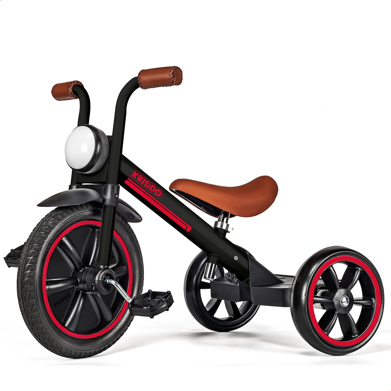 KRIDDO Kids Tricycles Age 2 Years to 5 Years, 12 Inch Puncture Free Rubber Wheel w Front Light, Adjustable Seat Height, Gift Toddler Tricycles for 2-5 Year Olds, Trikes for Toddlers, Black