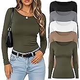 Velvelhall 5 Pack Women's Long Sleeve Shirts Scoop Neck Tops Slim Fit Stretchy Undershirts Casual Base Layer Multipack
