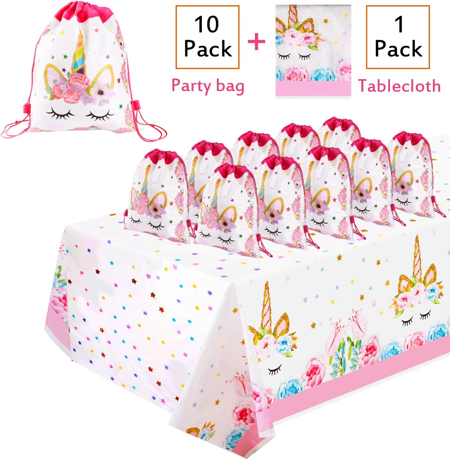 Unicorn Party Bags, Unicorn Party Favor Bags, Unicron Drawstring Backpack for Girls Unicorn Themed Birthday Party (10 Pcs bags+ 1 Pcs Tablecloth)
