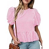 Cicy Bell Womens Puff Sleeve Gingham Blouse Summer Ruffle Peplum Babydoll Tops Cute Plaid Cotton Shirts