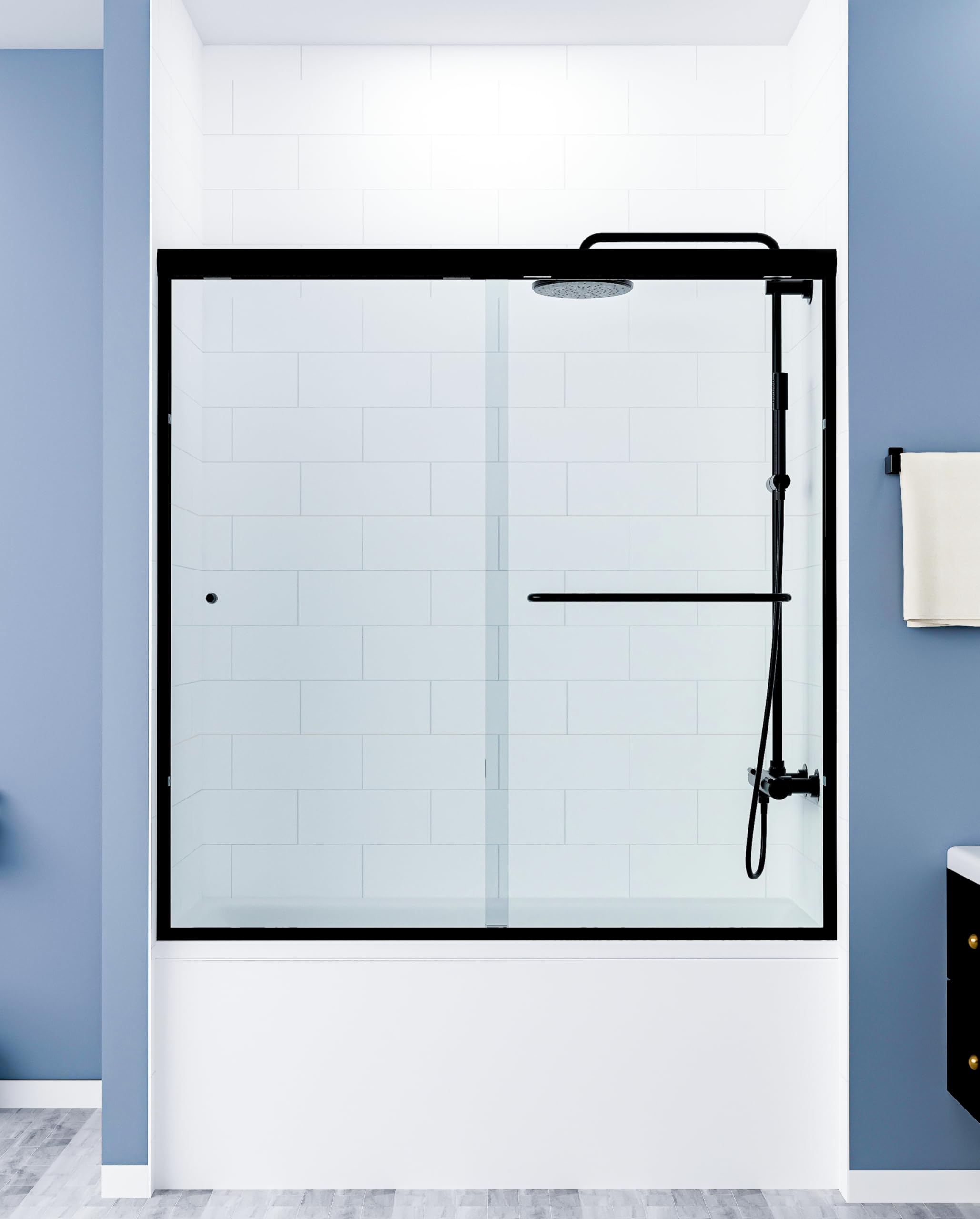 Photo 1 of 56-60" Wx60 H Frameless Double Sliding Shower Door, 1/4" Tempered Glass&Shatter Proof Film Doubling Safety, Easy Clean Coating&Stainless Steel Hardware,Strong Seals Water Protection (factory sealed)