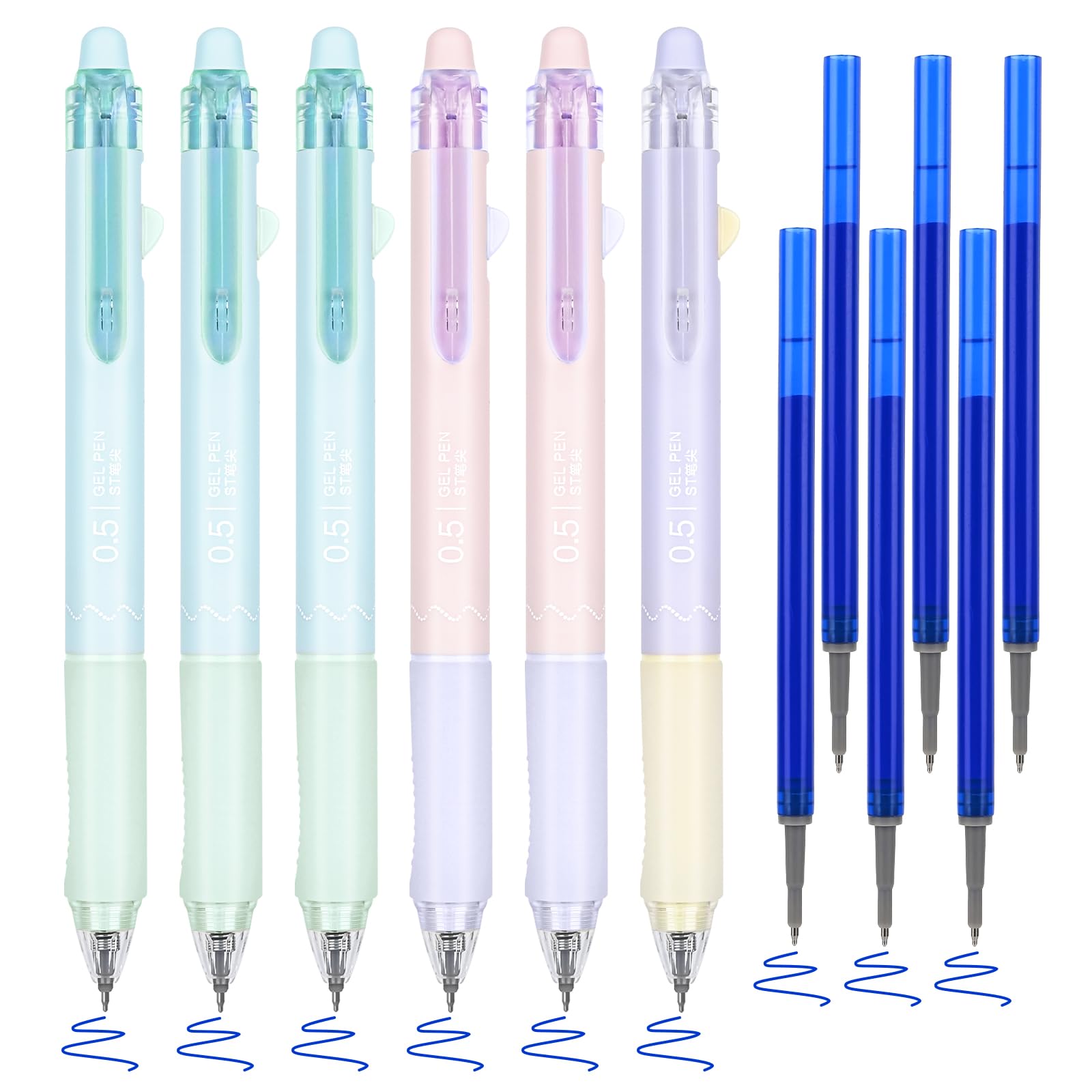 BAYTORY Pastel Erasable Gel Pens, 6Pcs Blue Ink & 6Pcs Refills, Aesthetic Rub Out With Eraser, Smooth Writing for Home School and Office Supplies (Ball Eraser)