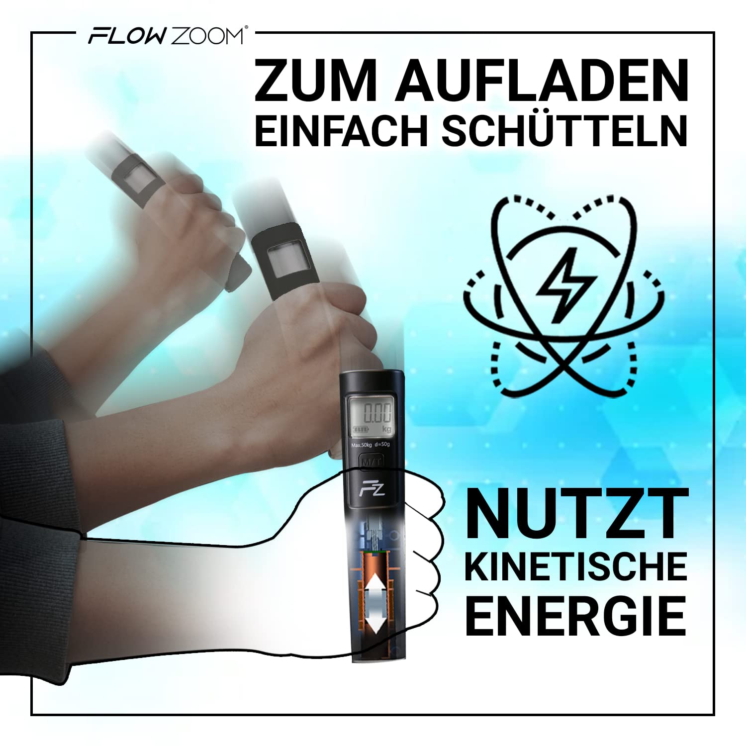FLOWZOOM Kofferwaage ohne Batterie - Kofferwaage digital mit Haken - Batterielose Gepäckwaage für Koffer - Hängewaage mit Transportbeutel und TARA-Funktion - Luggage Scale - Modell: SHAKEE, schwarz 2