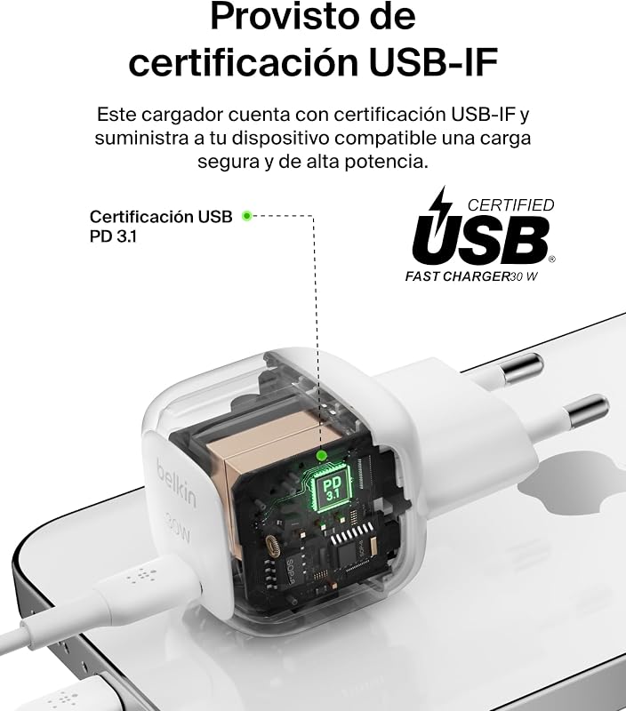 BoostCharge Compact Cargador de Pared de 30 W, Ideal para Viajar, Carga rápida USB C Power Delivery para Apple iPhone 17, Air, 16, 15, Samsung Galaxy, iPad, AirPods, Tabletas, Pixel - Blanco
