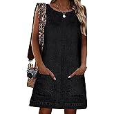 Womens Sleeveless Casual Denim Dress - Summer Crewneck Vintage Loose Jean Romper Overall Dress with Pockets
