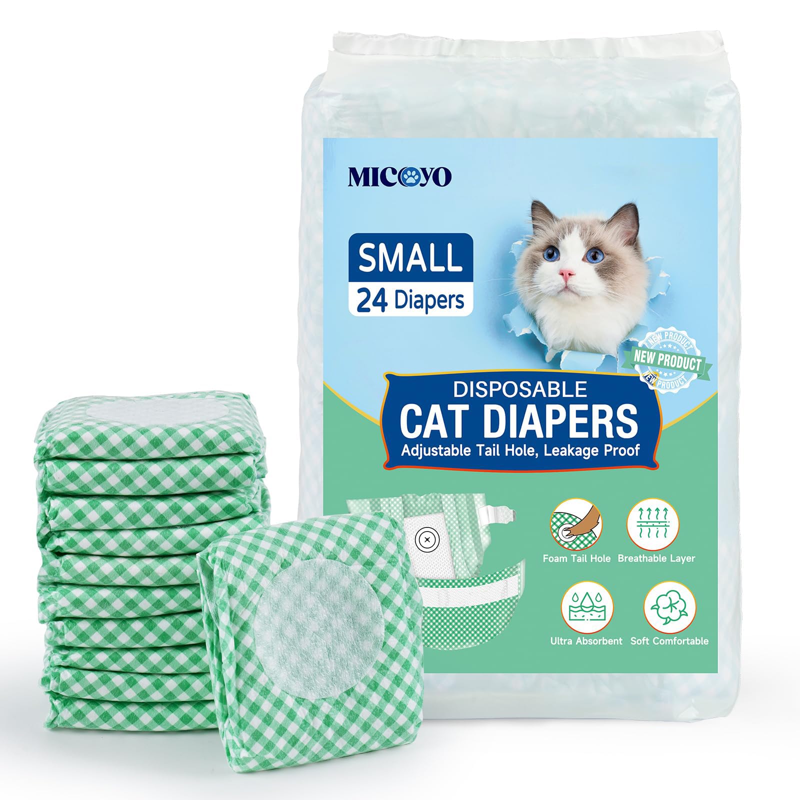 MICOOYO Disposable Puppy Cat Nappies, Super Absorbent Pet Diapers for Cats Small Dogs, Disposable Cat Diaper Pants for Female in Heat (S, 24Pack)