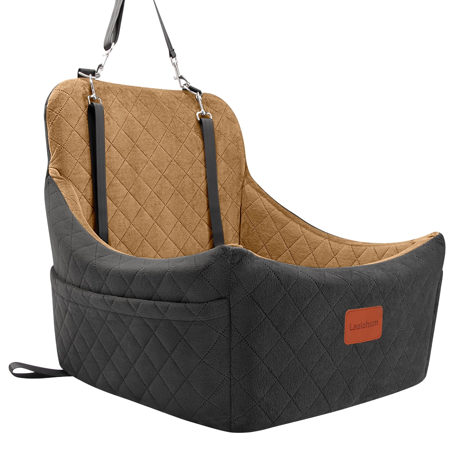 Photo 1 of Lealchum Dog Booster Car Seat for Up to 35lbs Pets,Easy to Install,Fully Detachable and Washable,Anti-Slip Base,Snug Puppy Car Seat with 2 Clip-On Leashes(Black/Coffee,Medium)