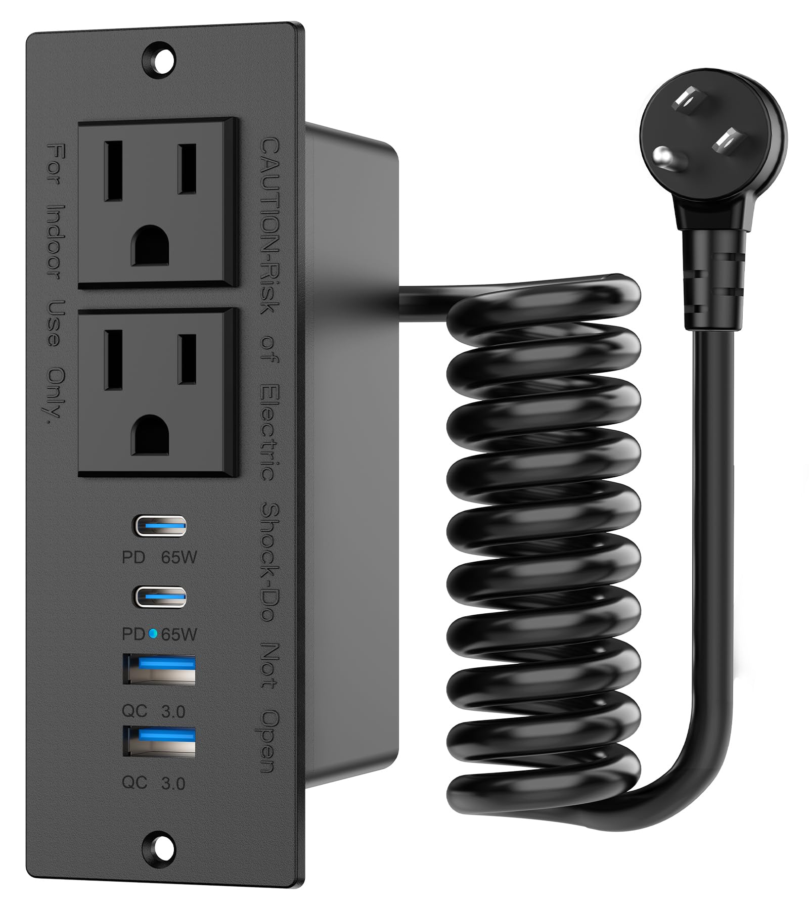 65W Furniture Drawer Outlet Kit, Recessed Outlet with 4 USB Ports & 2 AC Outlets, Recessed Power Strip for Home, Office,14 AWG-10FT Spring Cord