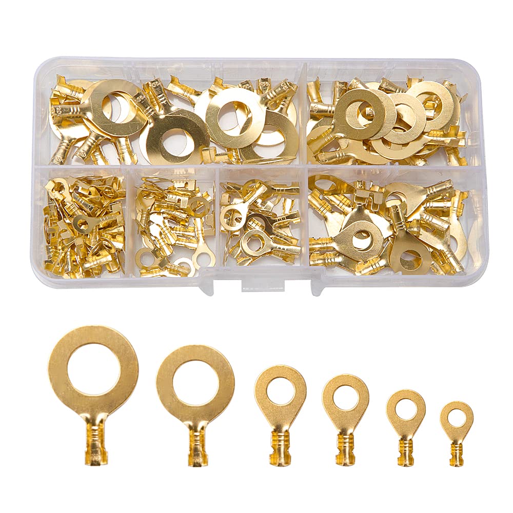 VooGenzek 150 Pieces Ring Terminal Car Connectors, Brass Ring Cable Lugs Wire Terminal Crimp Connectors Assortment Kit, M3 M4 M5 M6 M8 M10