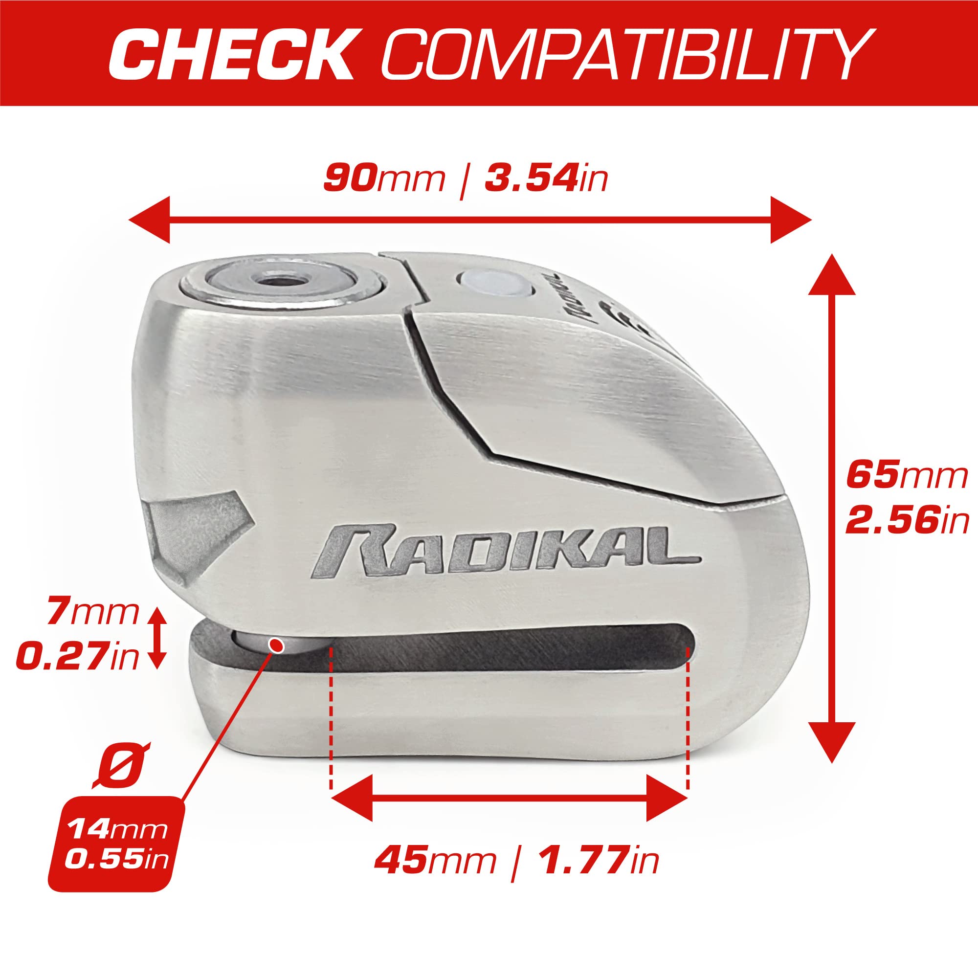 RADIKAL RK14S+RK402 Approved Alarm Disc Lock Motorcycle with Transport Bracket, Hardened Stainless Steel Double Locking, High-End Alarm System with Warning Optional Activation, LED Alert 14mm/0.55in