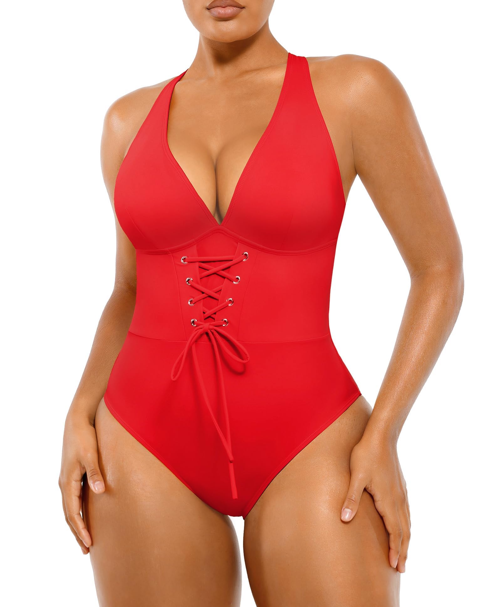 Photo 1 of (M) SHAPELLX Tummy Control Swim Suits Push Up Bathing Suits with Built-in Bra Slimming Swimwear for Women V Neck Red M