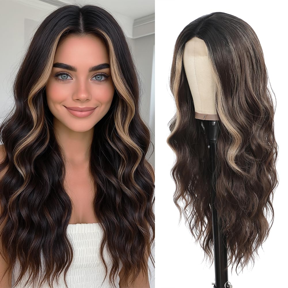 Photo 1 of Long Brown Wig for Women 26Inch Wavy Curly Brown Highlight Blonde Hair Wigs Synthetic Hair Replacement Wig Heat Resistant Hair Wig for Daily Party Use Halloween Costume Wigs