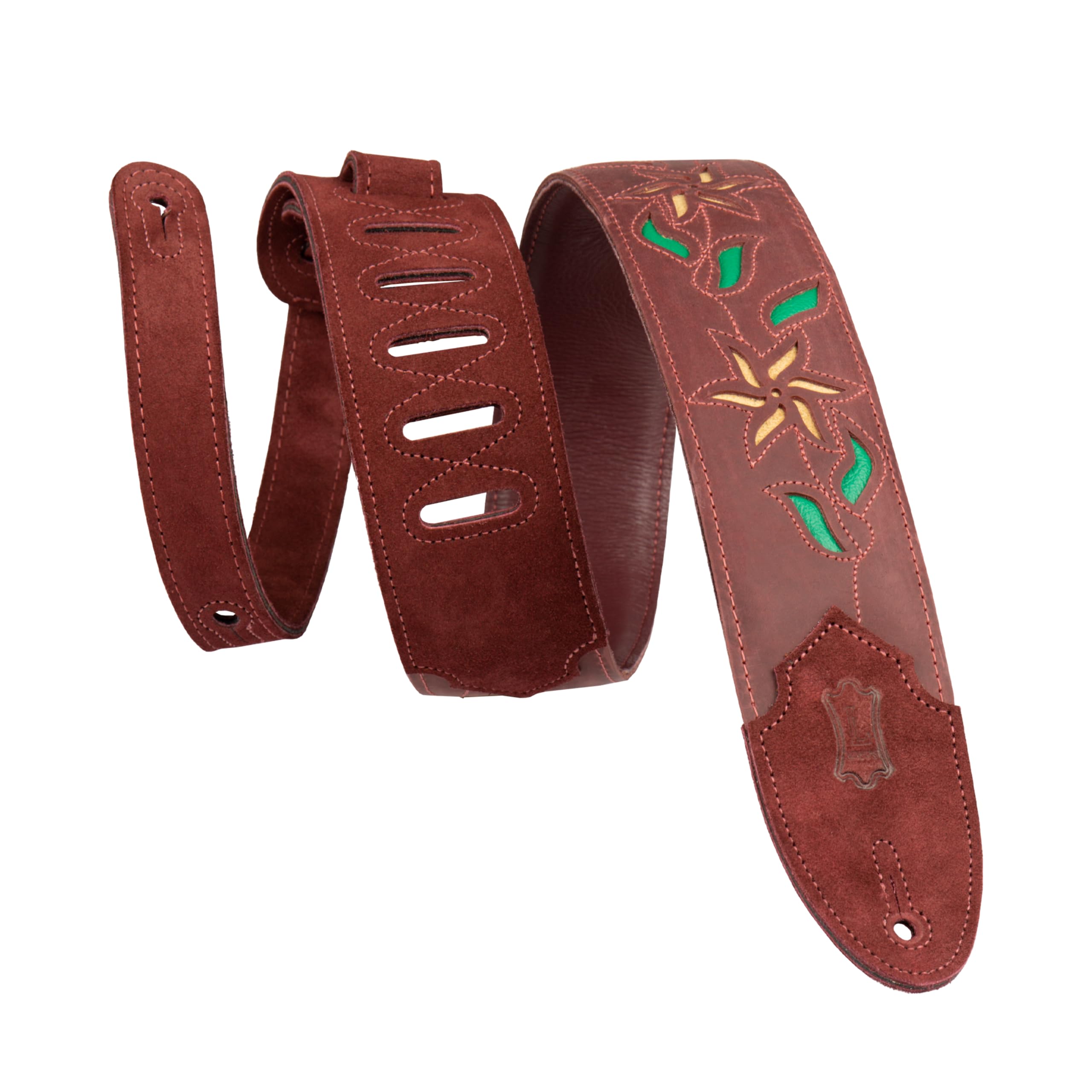 Levy's Flowering Vine Leather Guitar Strap - Burgundy with Yellow Flowers