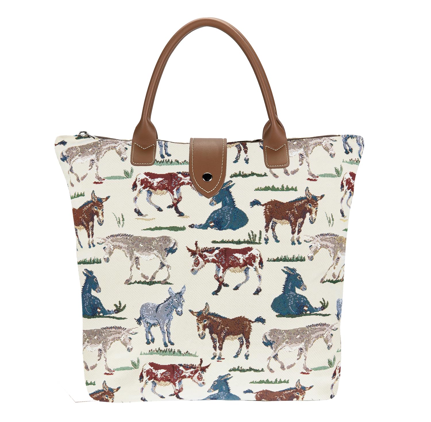 Signare Tapestry Foldable Tote Bag Reusable Shopping Bag Grocery Bag with Animal and Pet Design (Happy Donkey, FDAW-DONK)