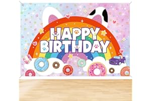 Cartoon Cat Happy Birthday Backdrop, 4.92x3.28ft Cartoon Doll Birthday Banner Party Decoration for Doll House Party Supplies