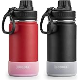 koodee Water Bottle 2 Pack 12 oz Stainless Steel Vacuum Insulated Wide Mouth Sports Water Bottle with Leakproof Spout Lid (Canyon Red-Black)