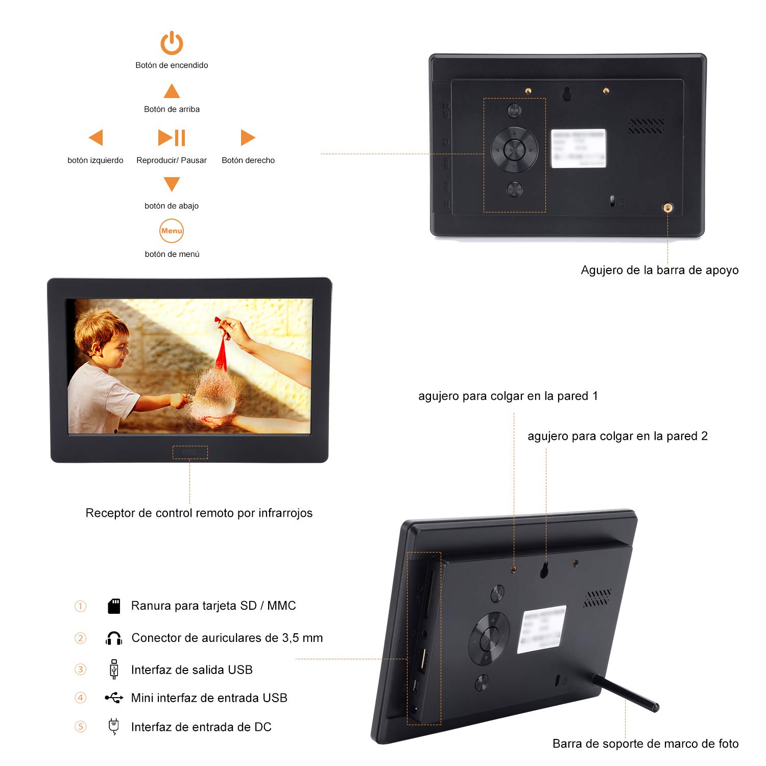 Marco Digital 7 Pulgadas Pantalla IPS Full HD, Marco de Fotos Digital HD Reproductor de Audio MP3 MP4/el Interruptor del Temporizador/Reloj/Calendario/con Control Remoto（Incluye Varilla de Soporte）