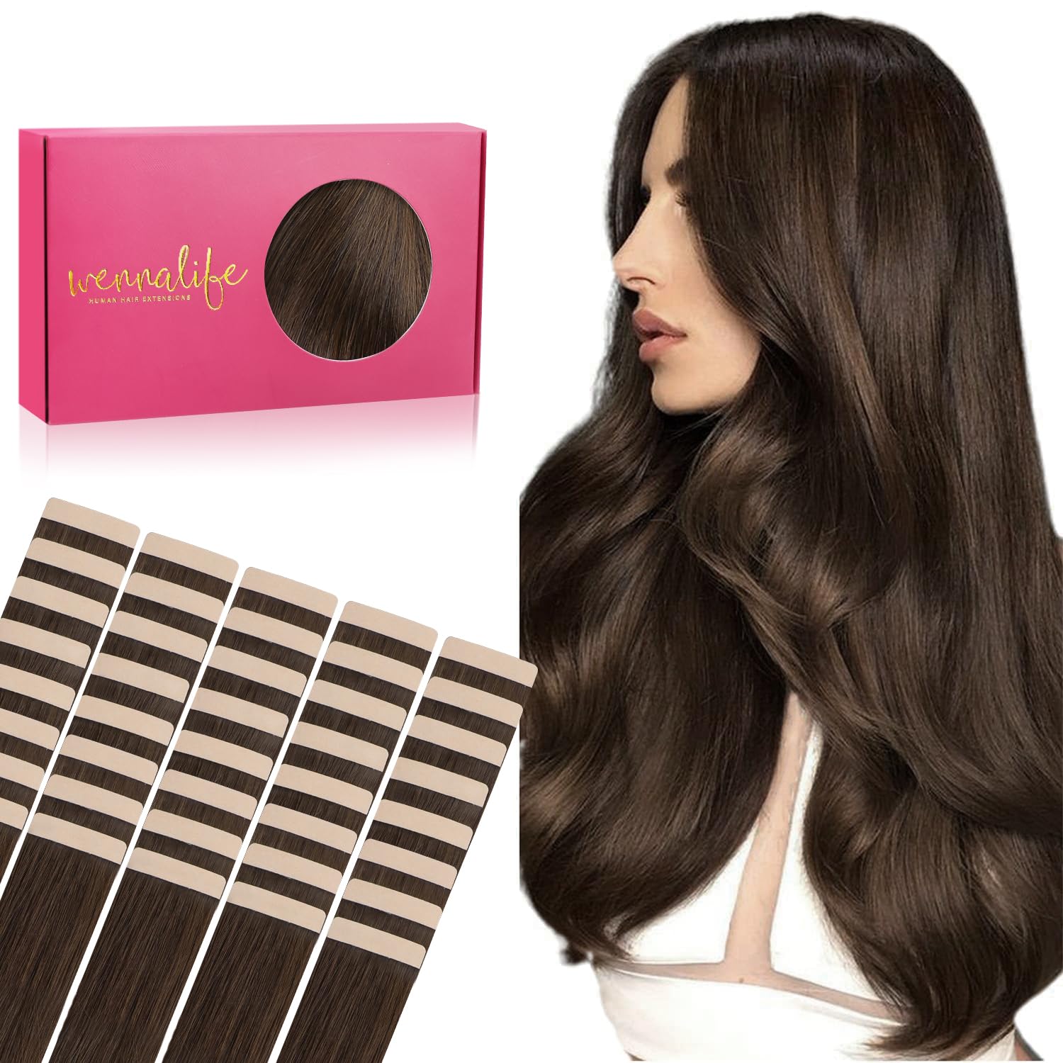 WENNALIFE Tape in Hair Extensions Human Hair, 16inch 40pcs 98 Chocolate Brown Real Human Hair Tape Extensions — image 1
