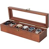 Exper City Watch Box, Watch Case for Men Women with Large Glass Lid, Wooden Watch Display Storage Box with 6 - Slots, Retro Walnut Mens Watch Box Organizer