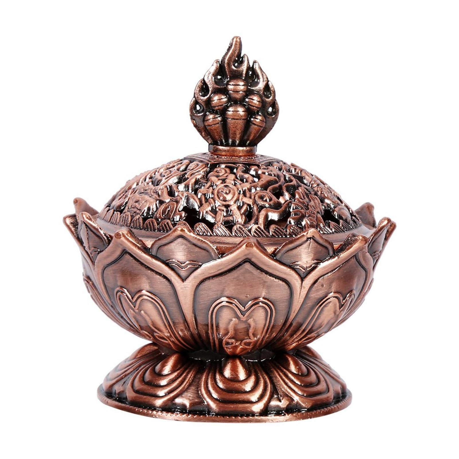 Nikou Vintage Lotus Backflow Incense Burner, Tranquil Smoke Censer Incense Holder Stick Fragrance Cone Holder with Lid for Fragrance Cones, Relaxation, and Meditation (Red Bronze)
