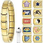 Double Fair Italian Charm Bracelet with 10 or 20 Charms, Stainless Steel Adjustable DIY Charm Bracelet for Women &amp; Men, Includes Opener Tool &ndash; Gold or Silver Options