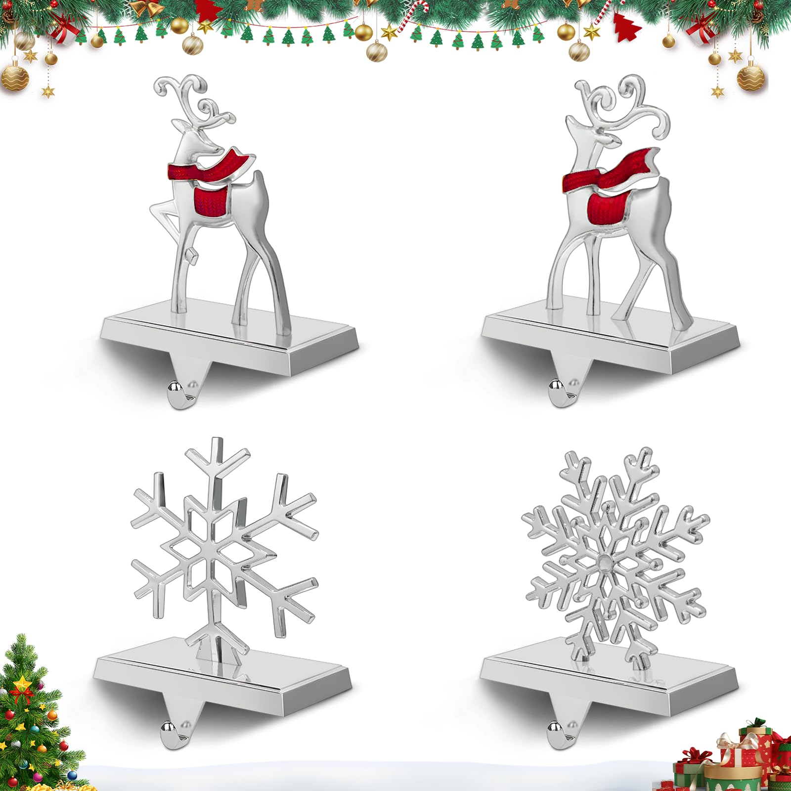 Photo 1 of 4 Pack Christmas Snowflake Stocking Holders for Mantle, Reindeer Silver Metal Stocking Hanger Stand 3D Red Sturdy Stocking Hook with Non Slip Base for Fireplace Counter Window DecorationLPNPMEK9909084
