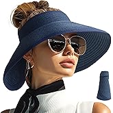 PFFY Sun Hats for Women Straw Beach Hat Packable Foldable Wide Brim Ponytail Travel Visor