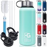 BOGI 40oz Insulated Water Bottle, Double Wall Vacuum Stainless Steel Water Bottle with Straw and 3 Lids, Sweat-Proof Wide Mouth Steel Water Bottle Keeps Hot or Cold for Sports Gym Office (Mint)