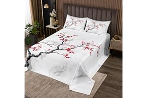 Erosebridal Cherry Blossom Bedspread Set 3Pcs,White Grey Marble Quilt Sets Queen for Girls Women Red Flower Floral Coverlet S