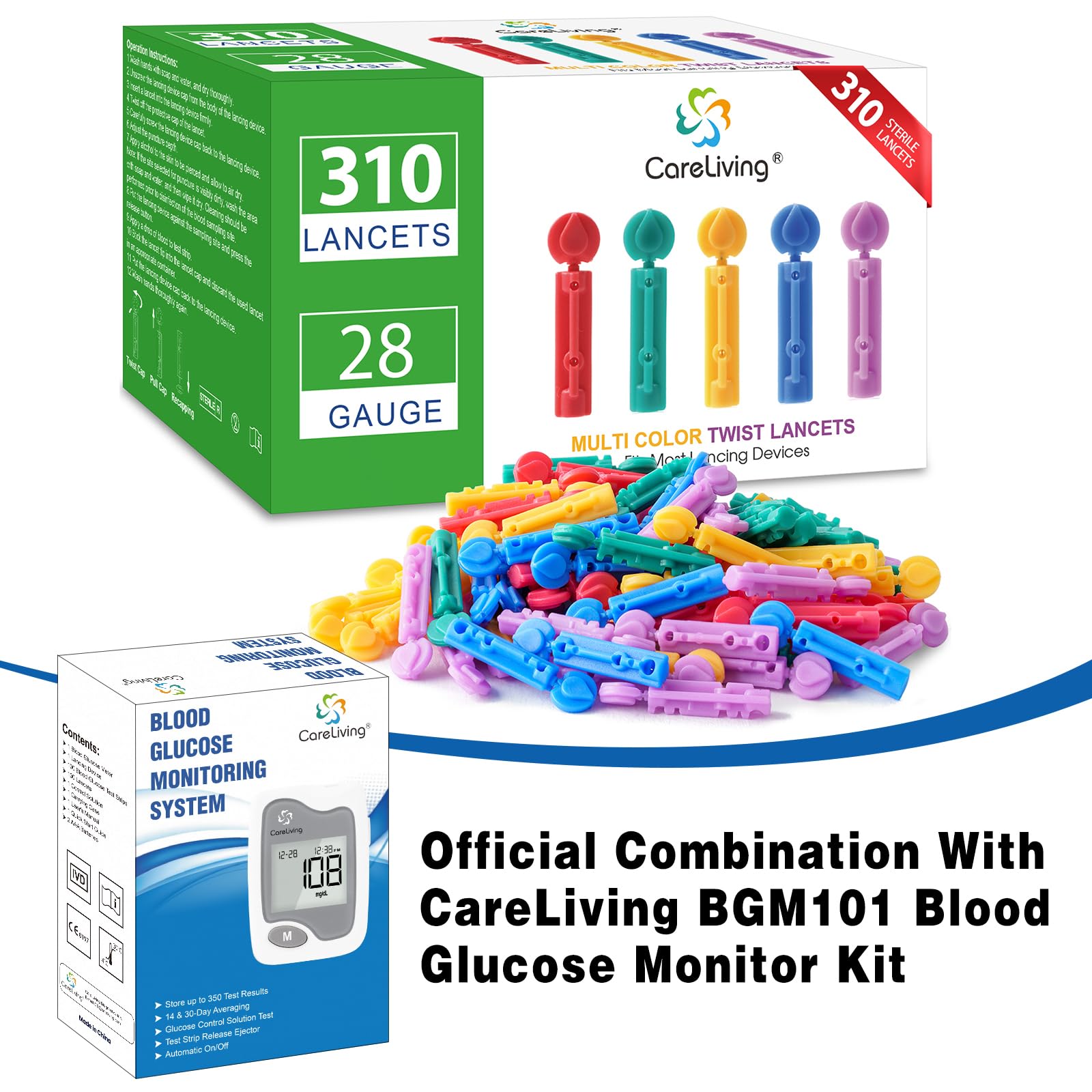 CareLiving Lancets for Diabetes Testing - 28 Gauge Diabetic Lancets for Blood Testing and Glucose Testing - Fits Most Lancing Devices - 310 Count (Colourful)