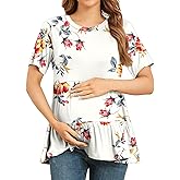 Xpenyo Women Tiered Maternity Top Fashion Short Sleeve Casual Pregnancy Blouse Shirts Rose Flowers White XL