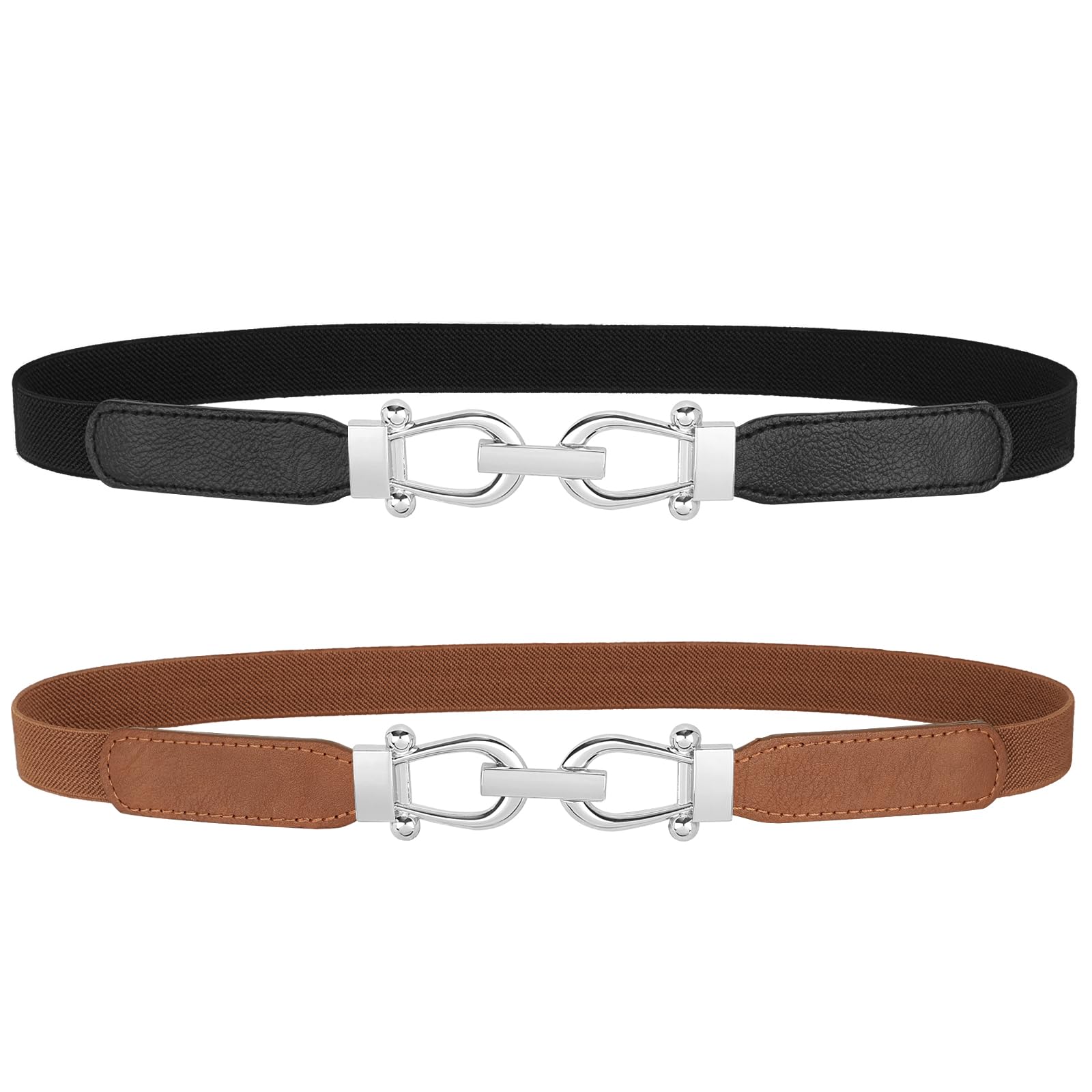 Photo 1 of JASGOOD Women Skinny Elastic Belt for Dresses,Thin Retro Stretch Waist Belt with Silver Buckle 2 Pack,Black+Brown