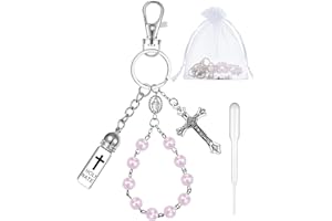 Blushtier Holy Water Bottle Keychain Gift with Rosary Bead Crucifix Eyedropper Organza Bag, Catholic Rosary for Xmas Party(Light Pink,Classic)