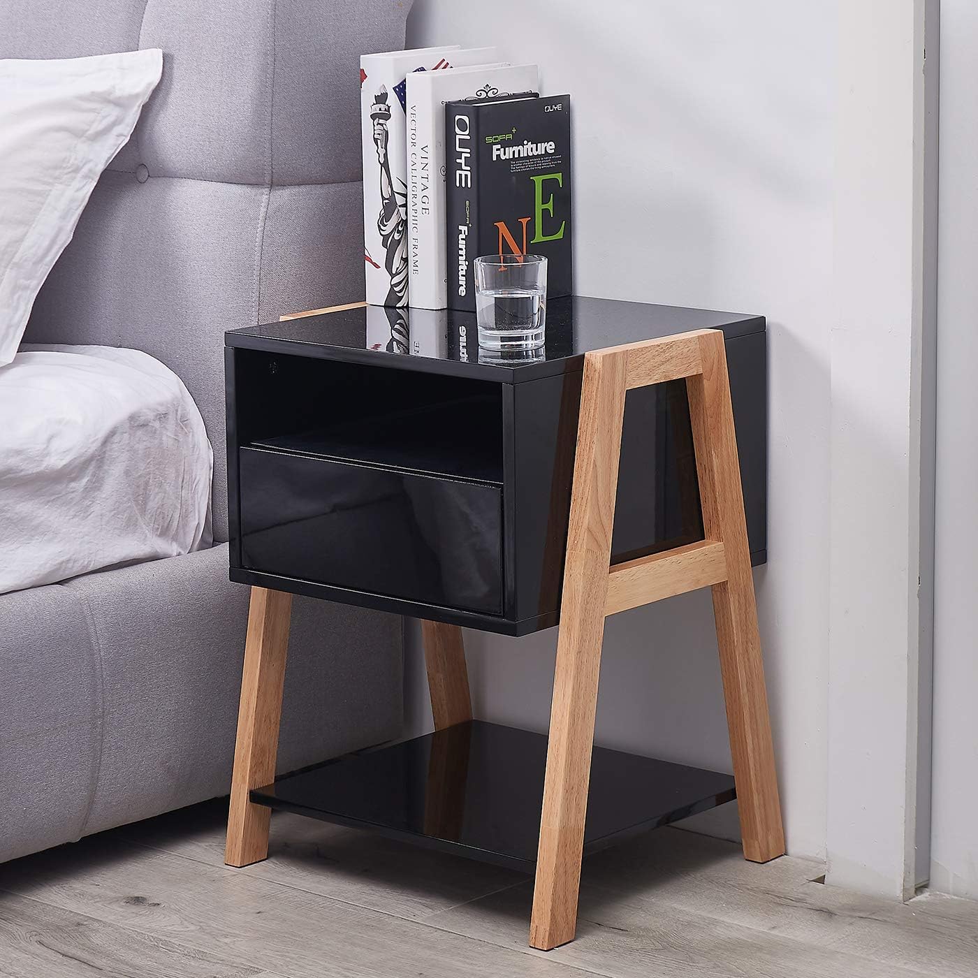 TaoHFE Nightstands Black, Bedside Table with Drawer, Storage Shelves: Kitchen & Dining