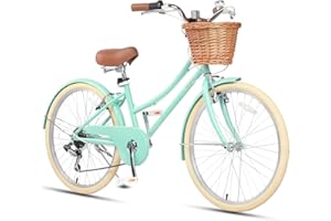 Glerc 20 24 26 Inch Beach Cruiser Bike, 6-Speed Hybrid City Bicycle for Girls Youth and Over 6 Years Old, Missy Bike with Wicker Basket & Lightweight, Multiple Colors