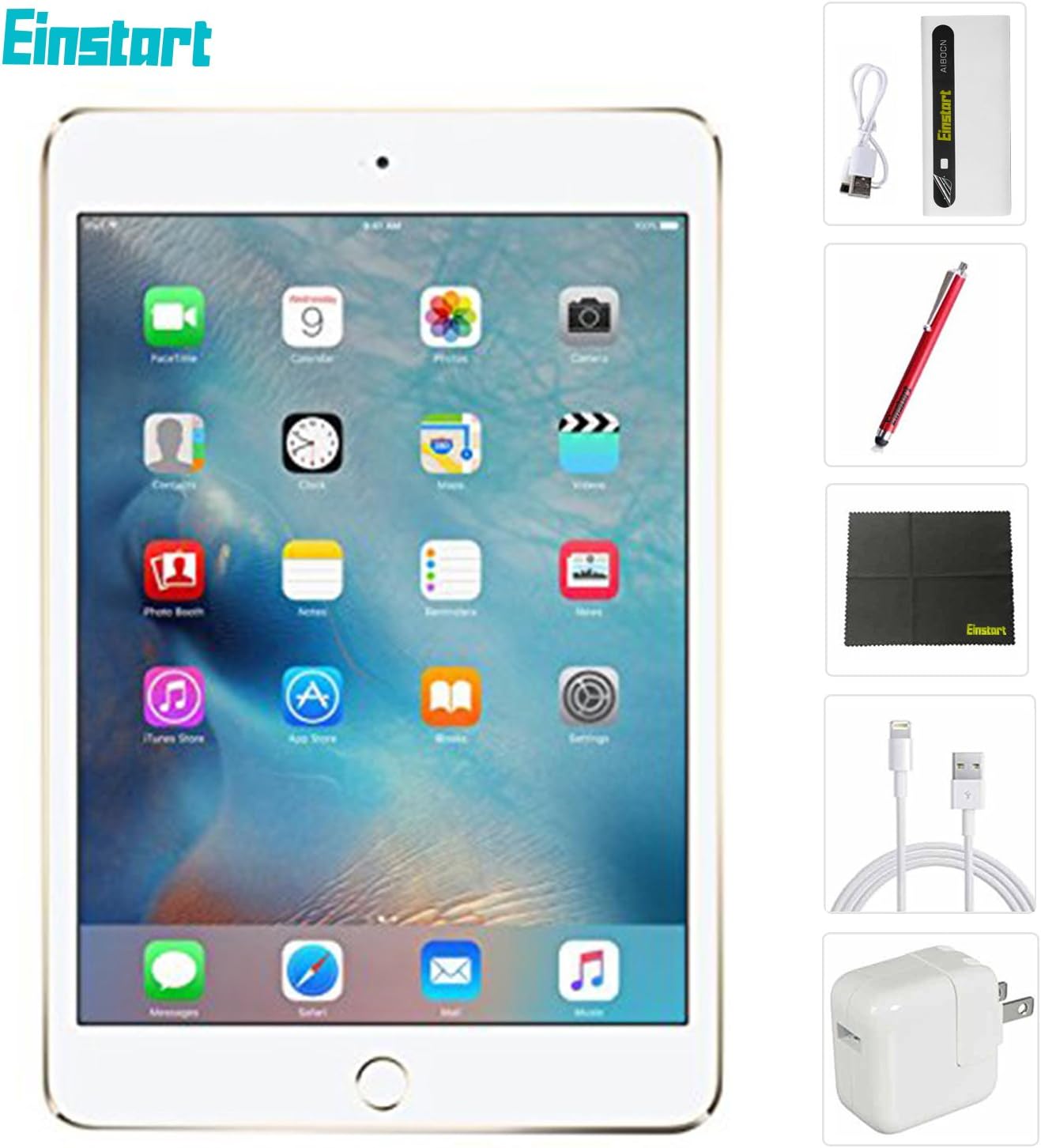 New Apple iPad mini 4 Tablet (128GB, Gold, 7.9 Inch, 2017 Model, WiFi) + Accessories Bundle (10,000mAh iPad Power Bank, iPad Stylus Pen, Microfiber Cloth) MK9Q2LL/A