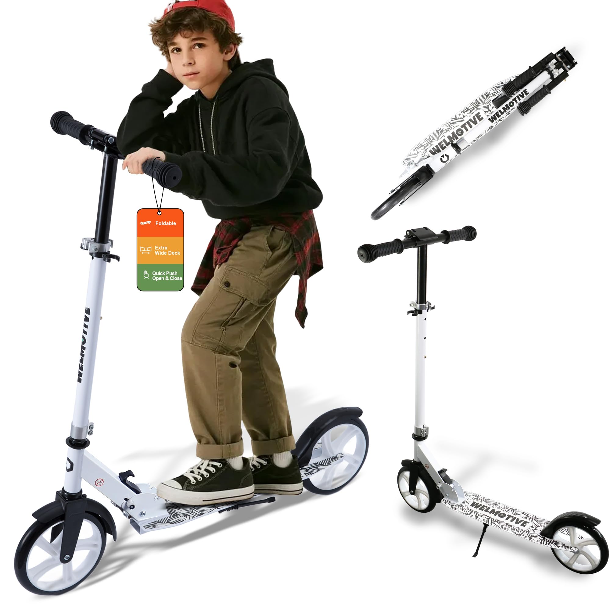 Kick Scooter for Kids Ages 6+, Teens & Adults, Adjustable Handlebars, Rear Brake, Big Wheel Foldable Scooter for Indoor & Outdoor (White)