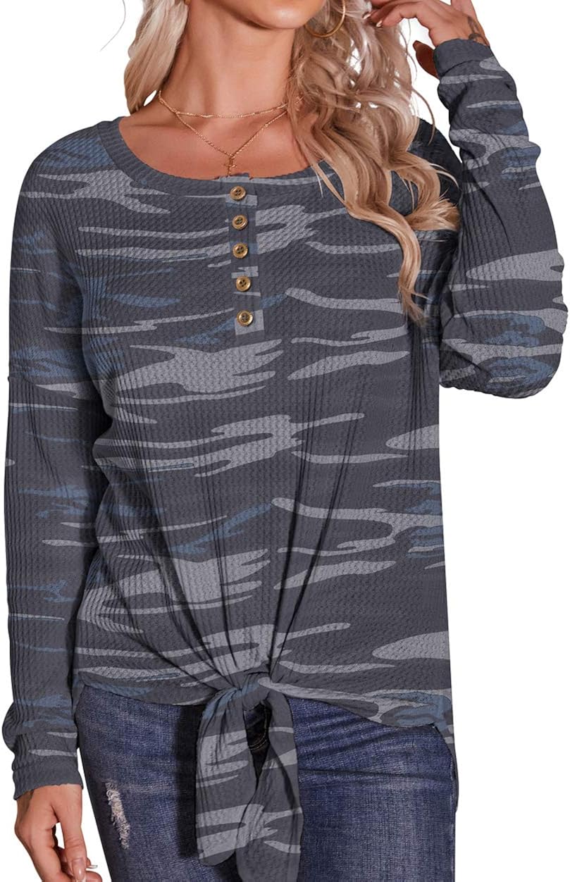 IWOLLENCE Womens Waffle Knit Tunic Button Up Shirts Tie Knot Front Tops Loose Pullover Blouses at  Women’s Clothing store