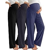 Neer 3 Pack Women's Maternity Pants Over The Belly Loose Pregnancy Pants Stretchy Lounge Wide Leg Trousers with Pockets