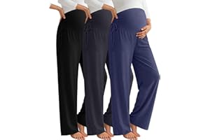 Neer 3 Pack Women's Maternity Pants Over The Belly Loose Pregnancy Pants Stretchy Lounge Wide Leg Trousers with Pockets