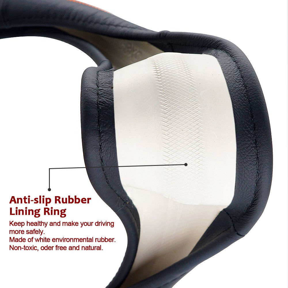 LOCEN Genuine Leather Car Steering Wheel Cover - A STYLE - Black with Brown (Outer Diameter 35CM-36CM)