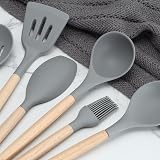 BEWOS 38-Piece Silicone Kitchen Utensils Set with Wooden Handles Grey view 4
