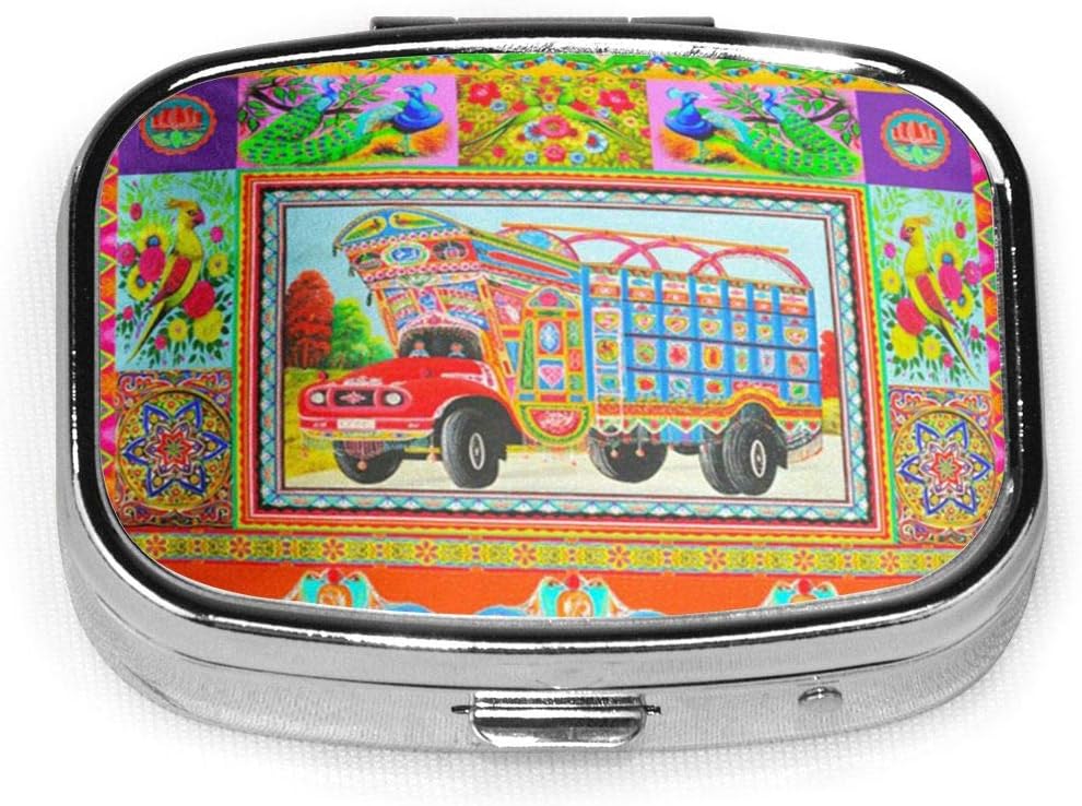 QQHEjuxin Square Pill Case with 2 Compartment，Small Pill Case Portable for Pocket Purse， Travel Pills Box Colorful Pakistan Inspired by Truck India