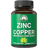 Zinc with Copper + Whole Food Blend of 25 Vegetables and Fruits for Max Absorption. Immune Support Supplement Capsules. Two Essential Minerals for Immunity. Zinc Vitamin Pills for Men and Women.