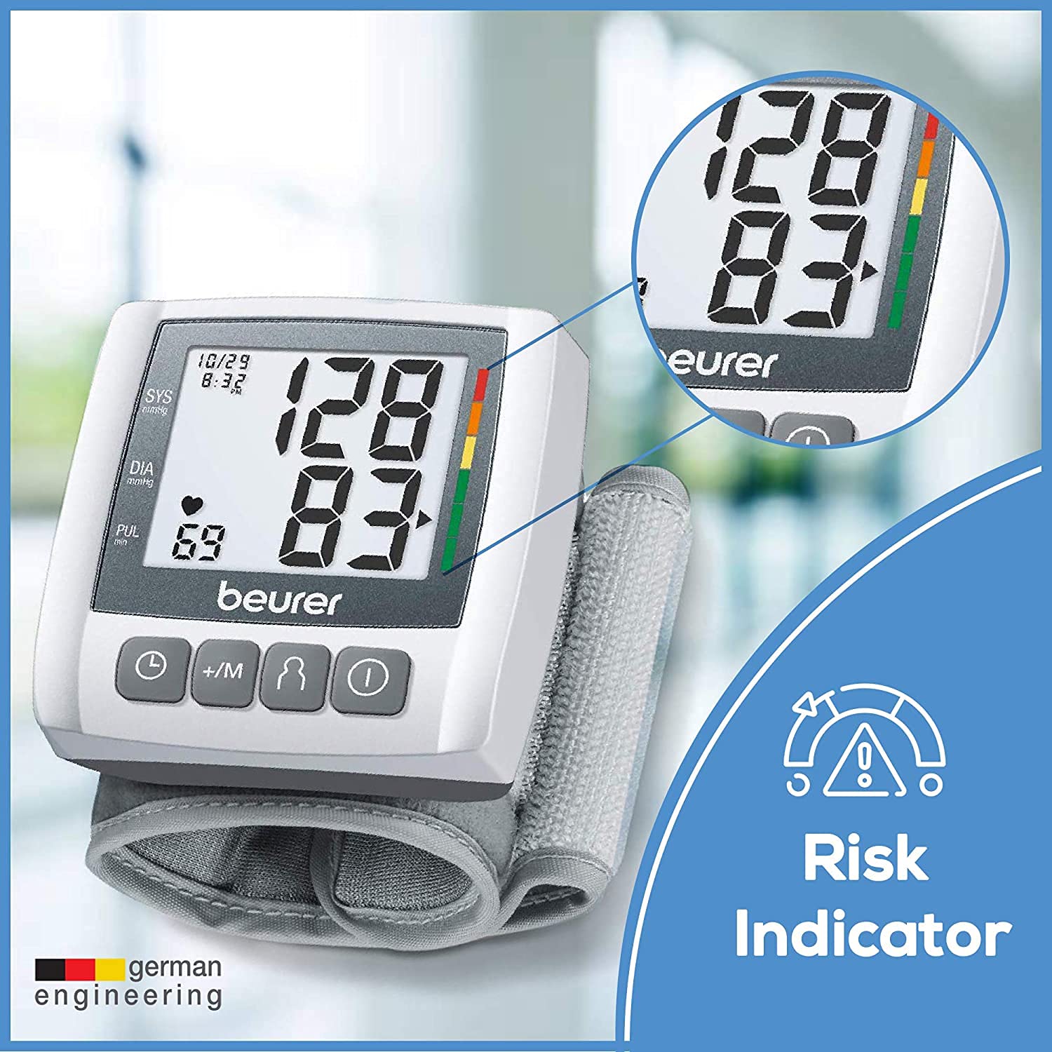 Beurer Wrist Blood Pressure Machine with Adjustable Blood Pressure Cuff - Automatic & Digital Wrist Blood Pressure Monitor, 2x60 Memory Reading, XL LCD Display - Home BP Monitor, BC30