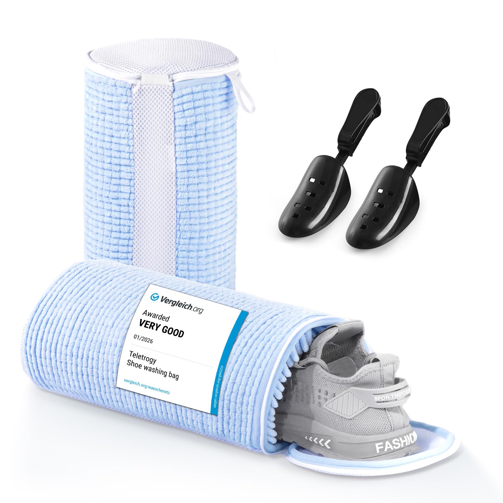 Teletrogy Shoe Washing Machine Bag 2Pcs, Fluffy Fibers Keep 360° Wrap-around Cleaning, 1 Pairs Adjustable Shoe Trees, trainer Laundry Bag with Durable Hidden Zipper Sneaker Cleaning Bags, Blue — image 1